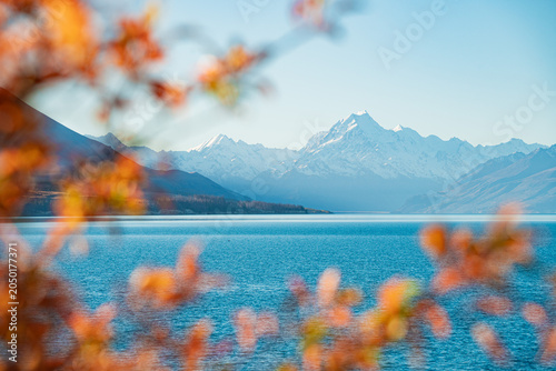 Foto Autumn scenery by the lake and snowy mountains, Lake Tekapo and Mount Cook, New