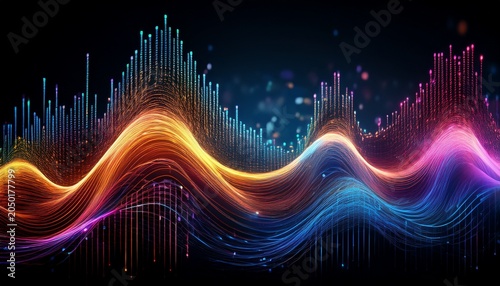 abstract colorful rhythmic digital sound wave with binary code on black background sound waveform digital information generative ai