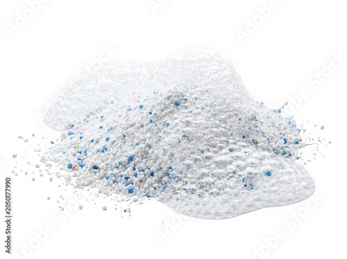 Heap of laundry detergent powder with soap bubbles isolated on transparent background