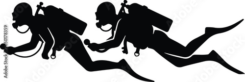 Bilde på lerret Two scuba divers swimming together underwater silhouette vector graphic design