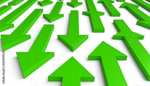 A collection of bright green arrows pointing in various directions