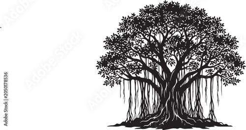 Картината върху платно A black silhouette of a tree with sprawling roots and branches isolated on white