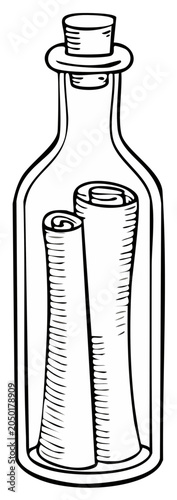 Hand drawn glass bottle containing rolled parchment scrolls and a stopper, line art illustration