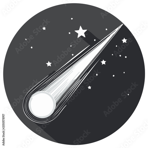 Illustration of a bright white comet streak across a dark starry night sky