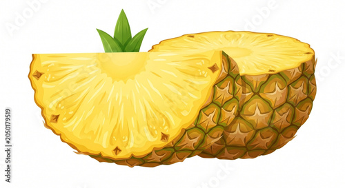Whole pineapple with a slice and green leaves during bright studio lighting isolated on white background