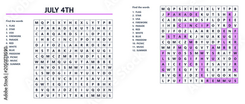 July 4th word search puzzle sheet with answers in a grid format  