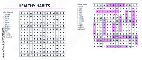 Word search puzzle sheet focused on healthy habits with answers  