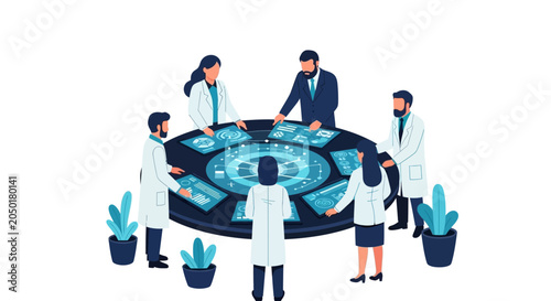 Team of Professional Scientists and Doctors Analyzing Digital Data on a Futuristic Interactive Circular Interface Table - Isometric Vector Illustration