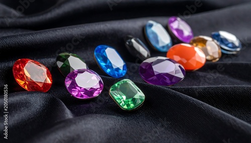A collection of colorful gemstones on a dark silk fabric background