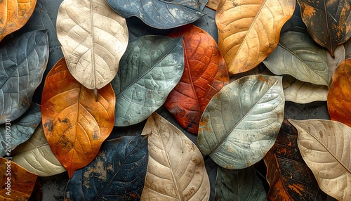 A collection of colorful, overlapping leaves with varied textures and hues