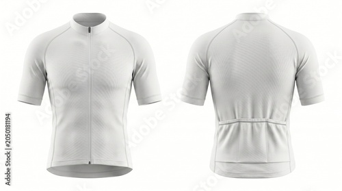 Blank white short sleeve cycling jersey mockup showing front and back views isolated on white background for custom branding