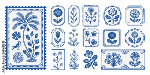 Quadro su tela Collection of Vintage Blue and White Floral Postage Stamps with Botanical Illust