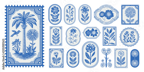 Collection of Vintage Blue and White Floral Postage Stamps with Botanical Illustrations, Antique Philatelic Design Elements, Decorative Nature-Themed Stamp Set