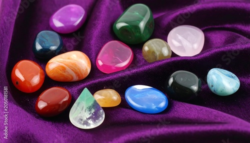 A collection of colorful, polished gemstones on purple fabric