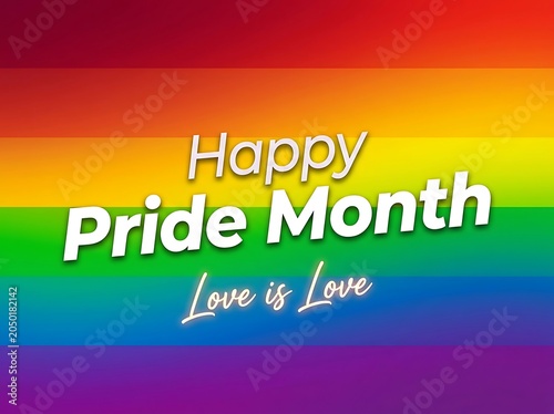 Colorful happy pride month celebration with love is love message on rainbow flag background