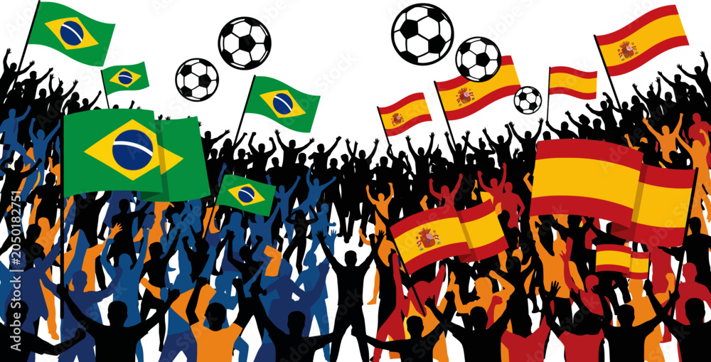 Naklejka premium Brazil and Spain soccer fans with flags and balls celebrating sports crowd