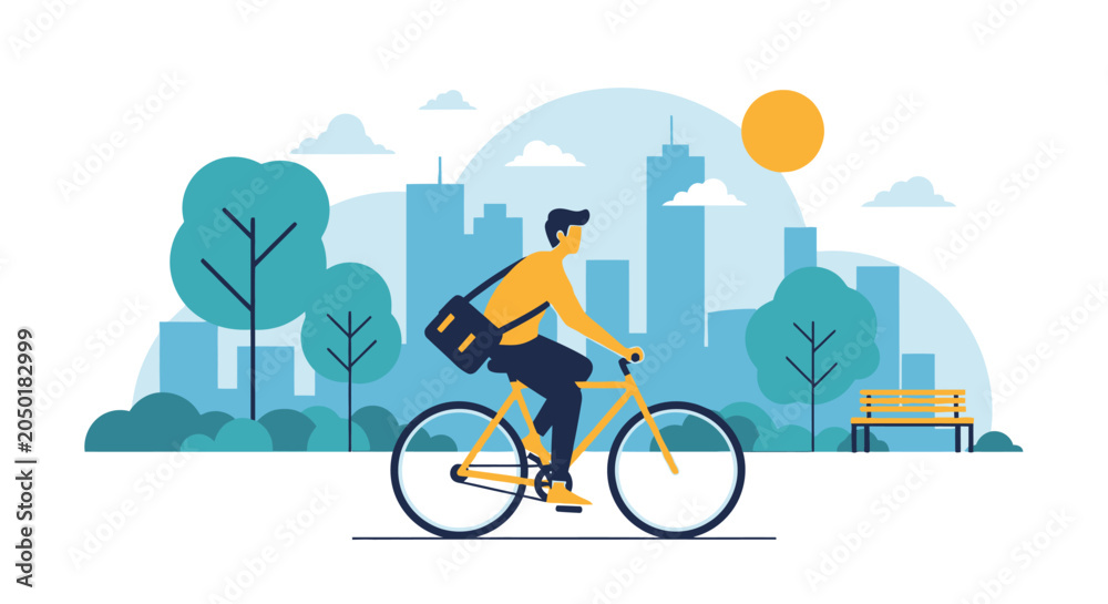 Fototapeta premium Urban Commuter Riding a Yellow Bicycle through a City Park with Skyscrapers Background, Modern Flat Vector Illustration