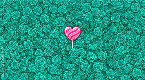 Heart shaped lollipop on roses background