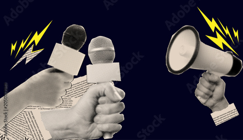 Quadro su tela Trendy Halftone Collage Journalists Holding Microphones During Press Conference,