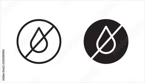 Water restriction icon set collection featuring crossed water drop symbols in outline and filled styles. Perfect for drought awareness, water conservation, environmental campaigns, and warning signage