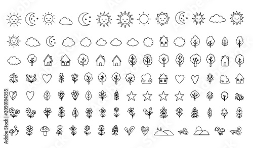 Bild auf Leinwand Black ink doodle nature icon pack with houses hearts and celestial elements