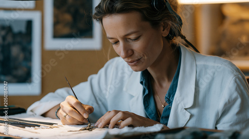 Museum conservator in a hospital-adjacent research lab paints a Napoleonic era miniature soldier to exact historical scale, magnifying headset fitted, reference prints pinned to