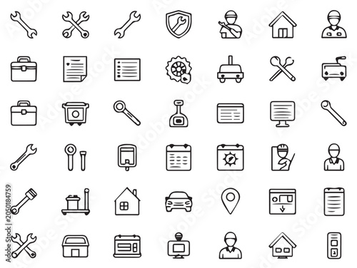 Hand drawn car repair and mechanic service icon set, auto maintenance line art doodles