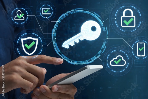 Passkeys and secure passwordless authentication technologies. Man tapping smartphone. Encryption key icon.