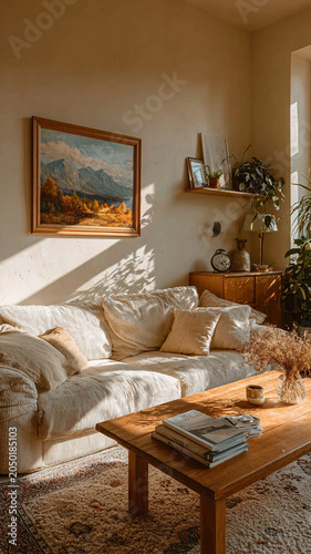 Cozy living room features beige walls, soft sofa adorned with cushions, wooden coffee table, and decorative carpet. Natural light streams in, creating warm ambiance