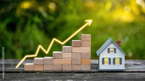 Rising home value and real estate property investment growth concept with wooden blocks