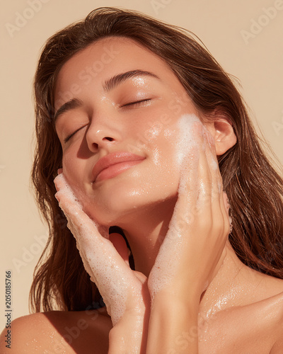 Model washes her face with two hands, skincare routine. image conveys sense of freshness and self care, highlighting importance of maintaining healthy skin