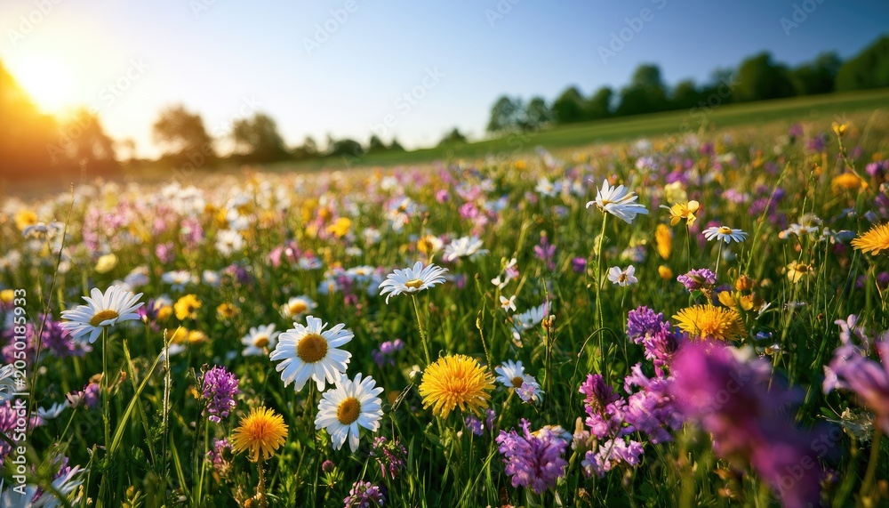 Obraz premium Golden sunbeams illuminate a vibrant meadow overflowing with colorful wildflowers