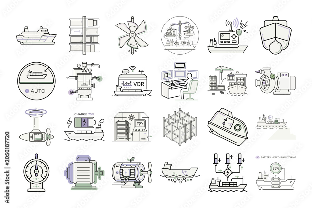Fototapeta premium Autonomous Electric Cargo Ship Icons or Vector Illustration of Smart Cargo Transport