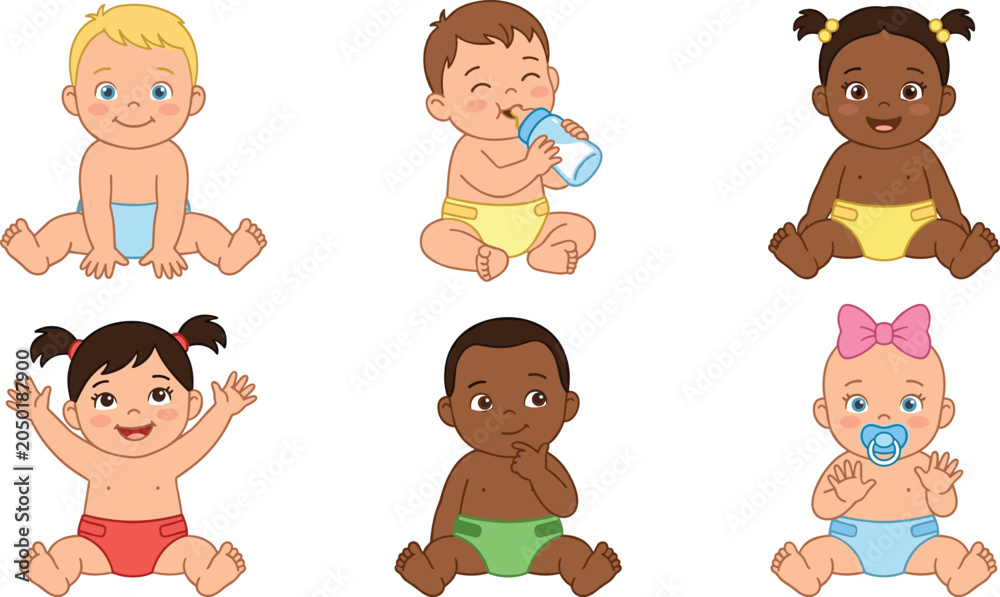 Obraz premium Cute Multicultural Baby Character Set Vector Illustration with Happy Infants in Diapers Drinking Milk Sitting Smiling and Waving Isolated on White Background