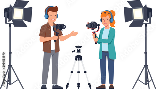 Quadro su tela Professional Video Production Crew with Male and Female Videographers Recording