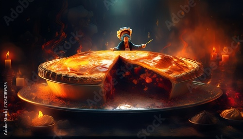 the sovereign pie bathed in stark contrasts a culinary monarch presiding over a canvas of profound darkness sovereign chef