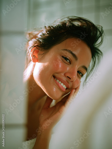 Smiling woman gently touching her face, radiant skin and joyful. soft lighting her natural beauty, creating warm and