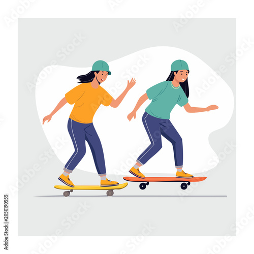 Two girls in casual clothes skateboarding