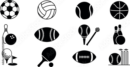 Silhouette of various sports equipment and balls