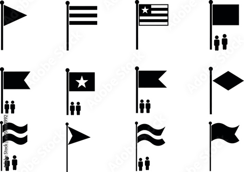 Silhouette of various flags on poles with people silhouette