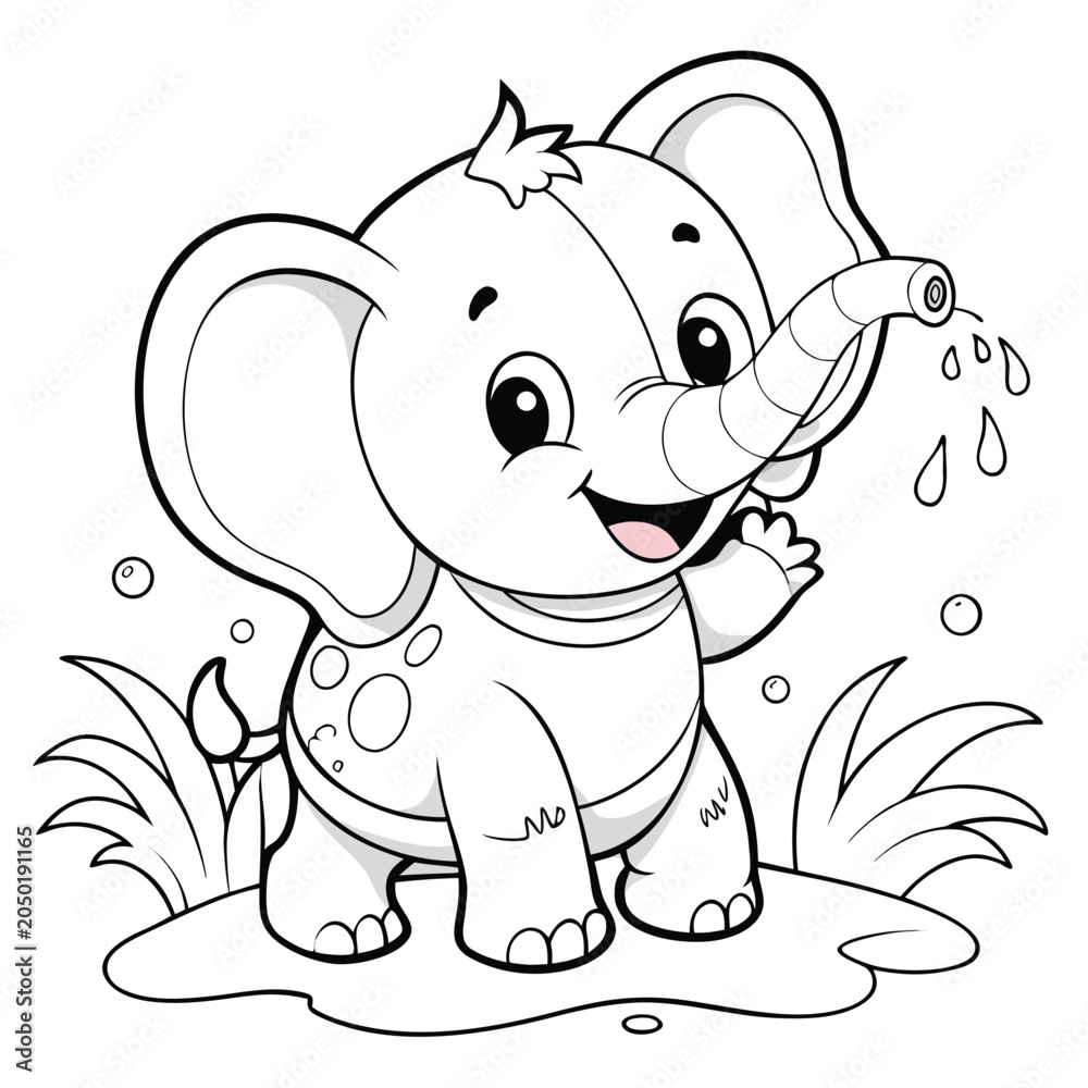 Obraz premium Cute baby elephant spraying water line art coloring page with elephant, coloring