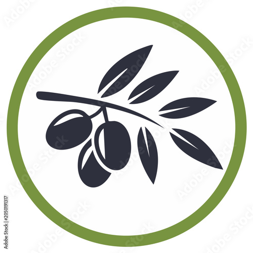 Vector Olive Branch with Fruits and Leaves Centered in a Green Ring Circle Emblem Logo Design