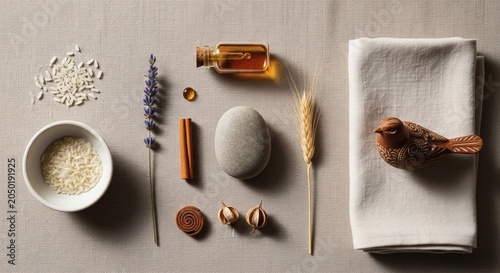 Natural ingredients for spa and wellness rice lavender oil towel bird