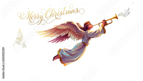 Fotografie Whimsical pink angel blowing a trumpet in a dreamy sky with soft clouds