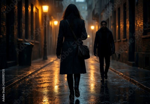Mysterious woman walking alone down a rain-slicked alleyway at night, illuminated by warm streetlights, with a man in the distance.