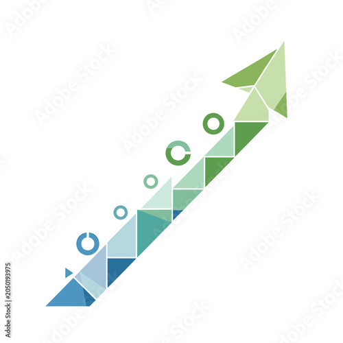 An upward-trending arrow composed of geometric shapes and circles, symbolizing growth and progress.