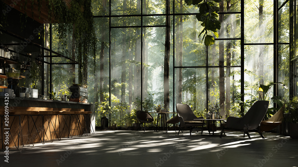 Fototapeta premium Modern interior featuring large glass windows that allow natural light to flood in, surrounded by lush greenery. space includes comfortable seating and stylish bar area, creating warm