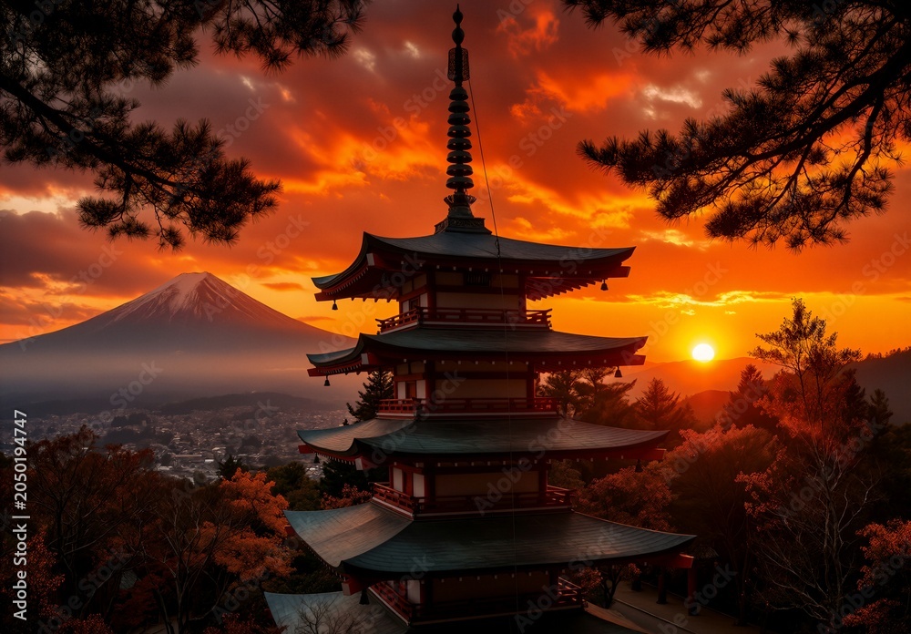 Fototapeta premium Japanese pagoda at sunset with Mount Fuji in the background, framed by pine branches and vibrant orange sky.