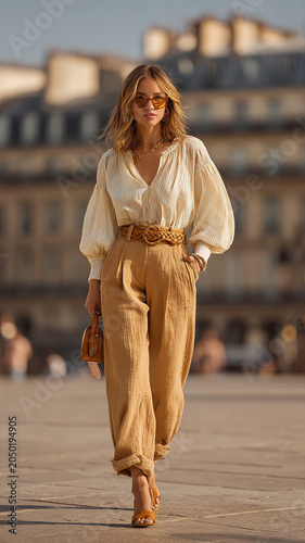Elegant fashion model walks confidently in stylish outfit featuring light blouse and high waisted trousers. scene captures vibrant urban, modern style and grace