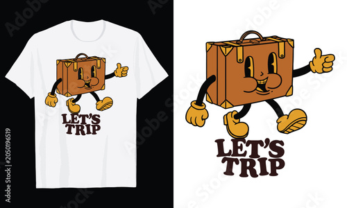 Retro Suitcase Mascot Lets Trip Vintage Cartoon Travel T Shirt Design